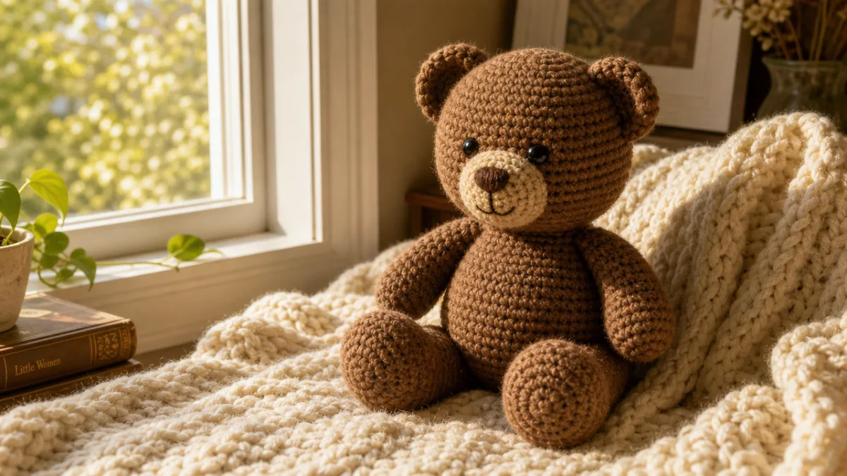 a finished crocheted brown teddy bear sitting on a knitted blanket beside…