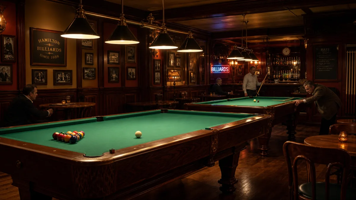 a classic billiards hall with polished wooden pool tables under warm pendant…