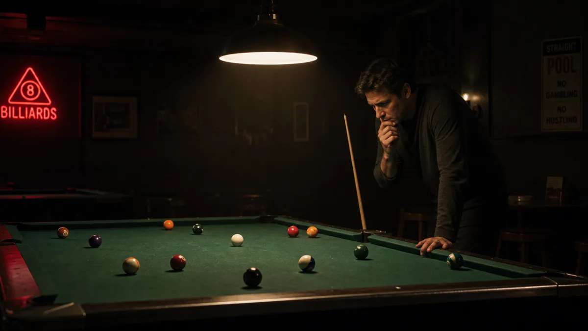 a lone pool player studying the table under a single hanging lamp…