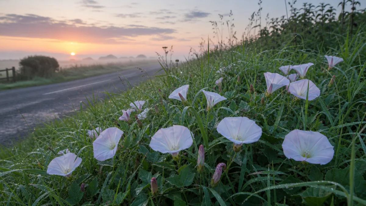a peaceful roadside verge at dawn with bindweed flowers open in dew-covered…
