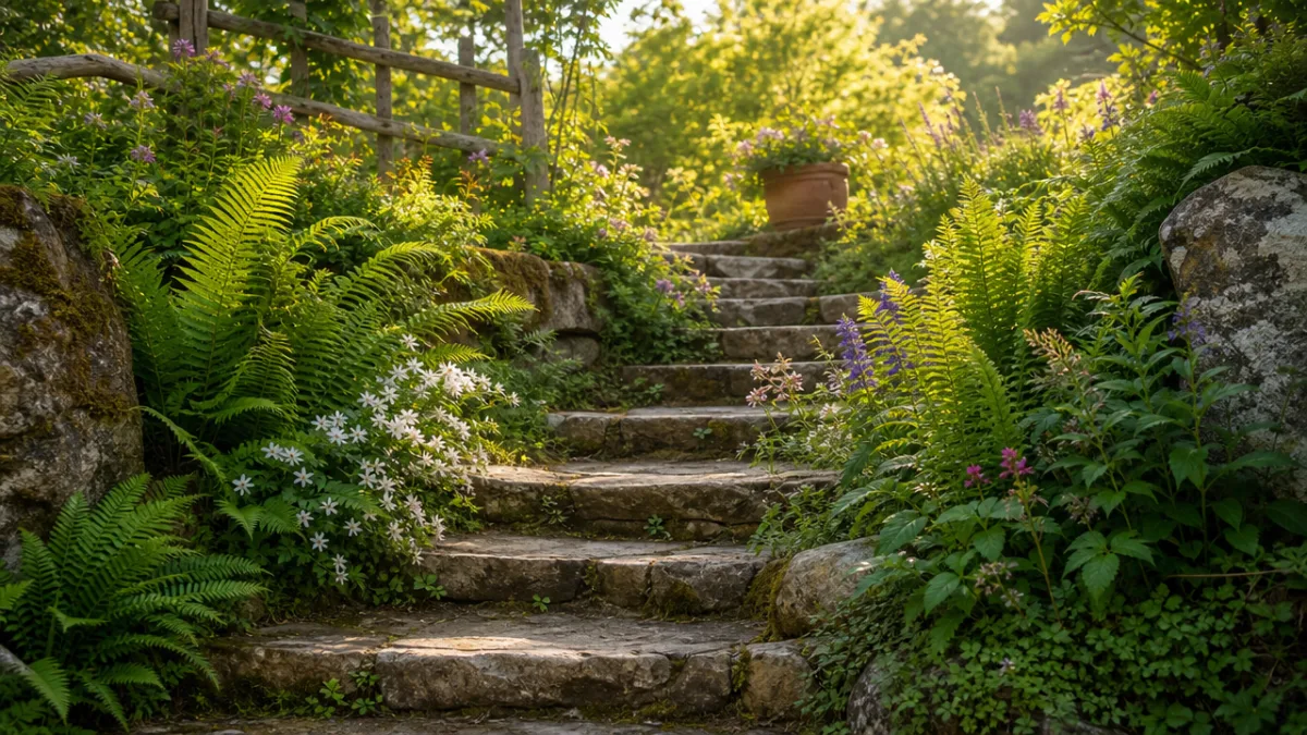 a rustic garden stone staircase surrounded by lush green ferns and wildflowers,…