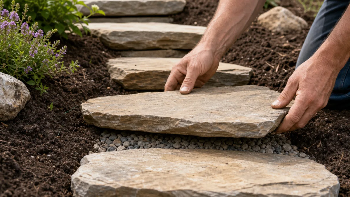 close-up of hands placing flat stones on a garden staircase with rich…