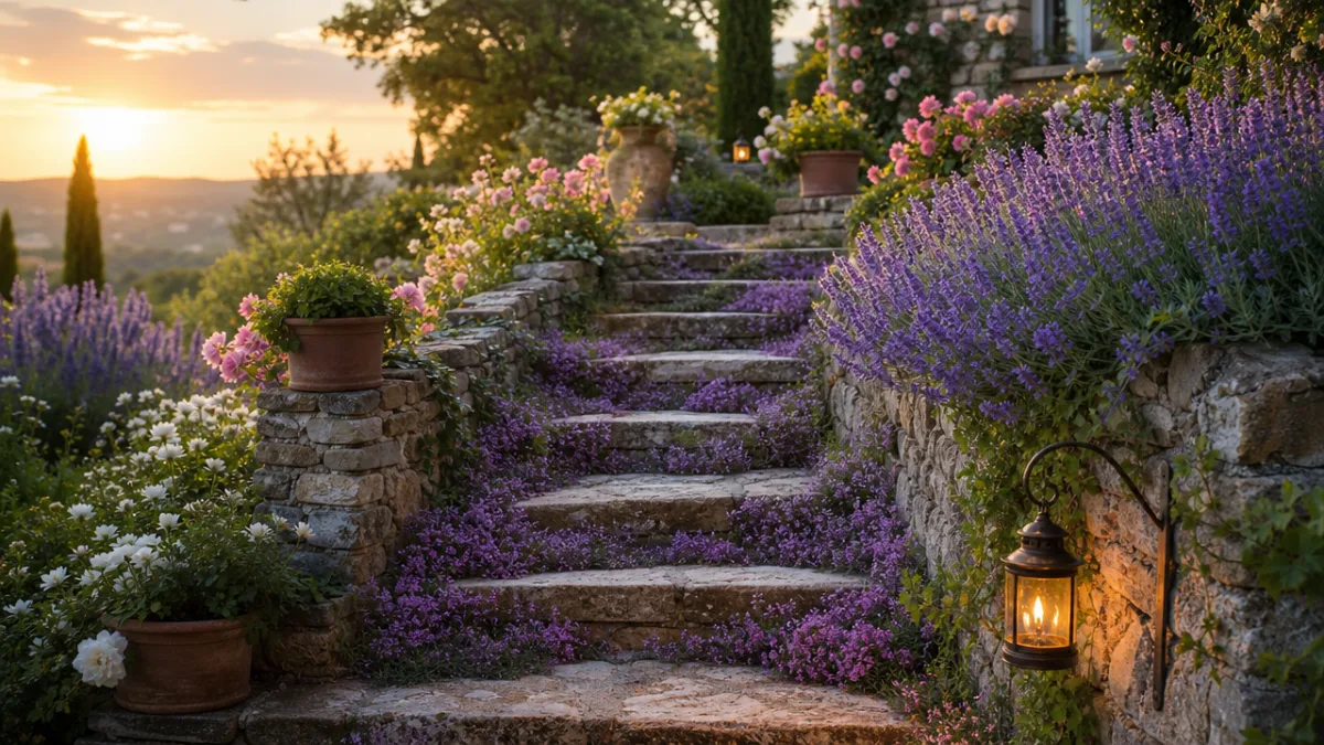 a lush stone garden staircase in full bloom with cascading lavender and…