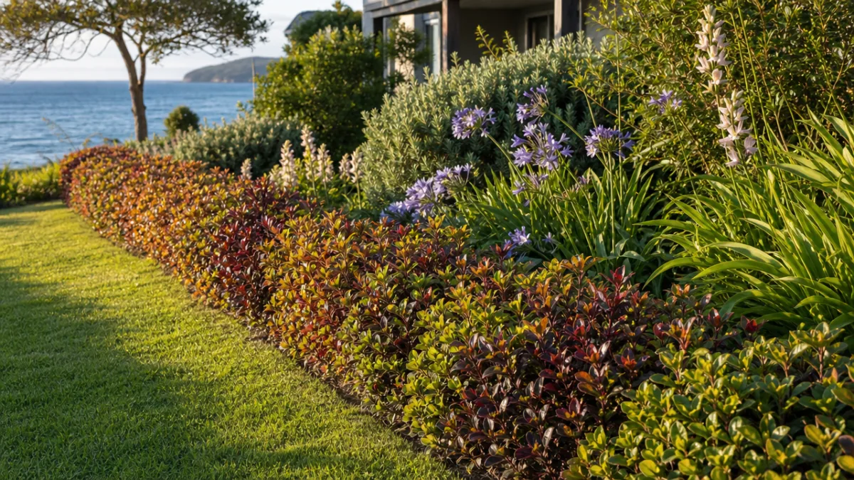 a lush coastal garden border featuring colorful Coprosma repens hedging, soft afternoon…