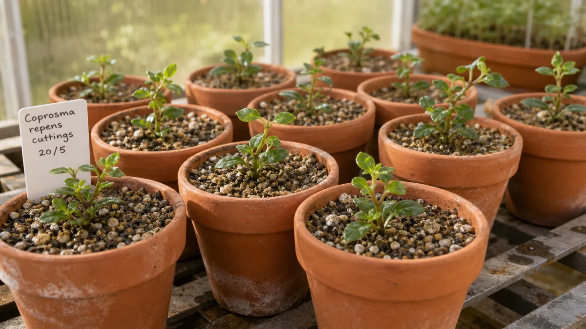 small Coprosma repens cuttings rooting in terracotta pots on a greenhouse bench,…