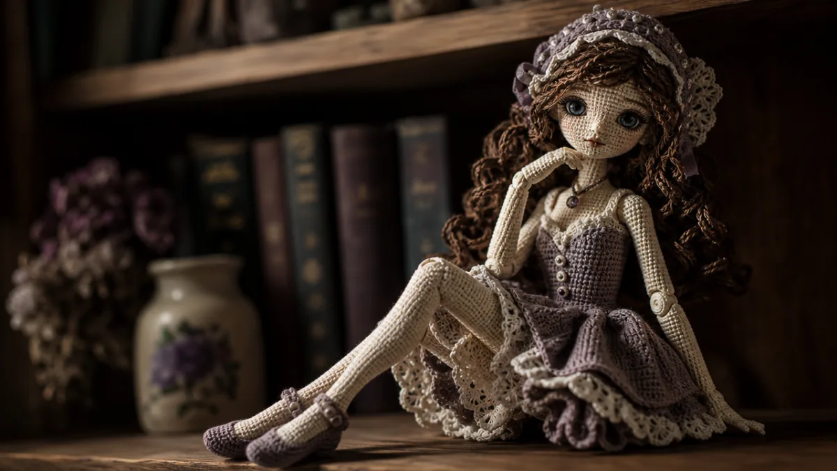 a beautifully finished crochet ball-jointed doll posed elegantly on a wooden shelf,…
