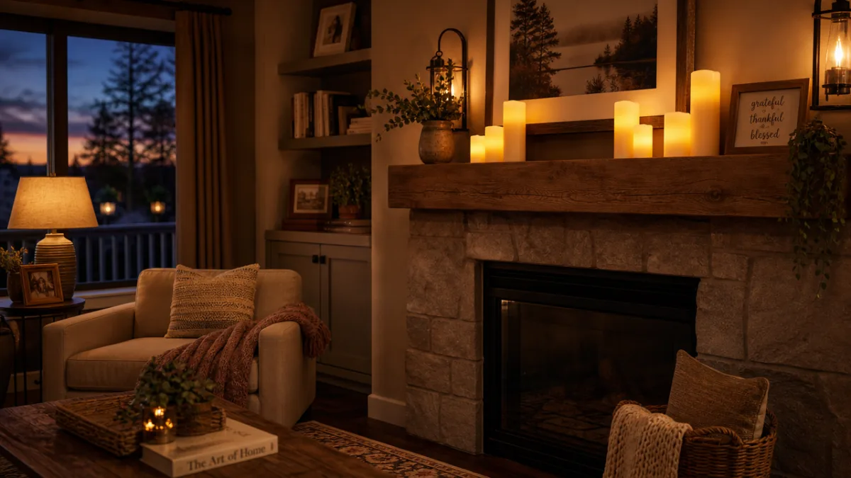 a warm cozy living room at dusk with flameless pillar candles glowing…