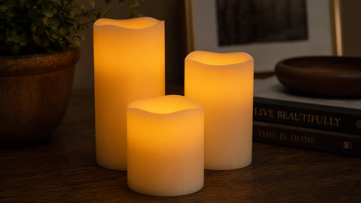 a close-up of three flameless pillar candles in different heights on a…