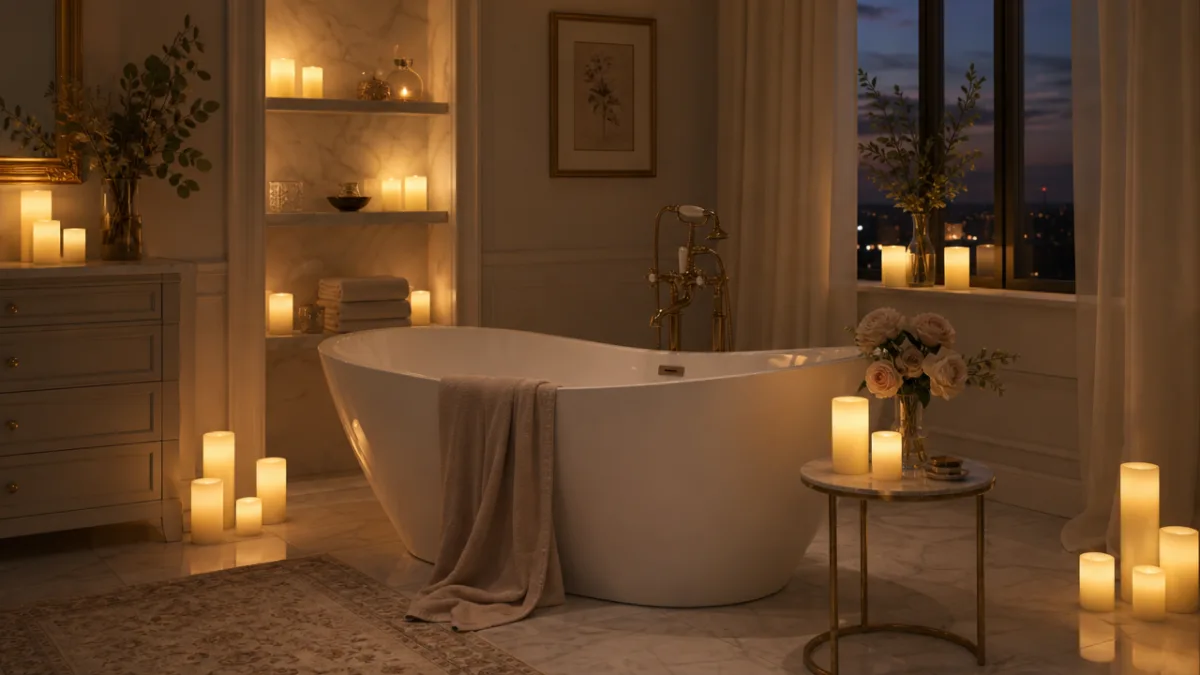 an elegant bathroom scene with multiple flameless candles arranged around a freestanding…