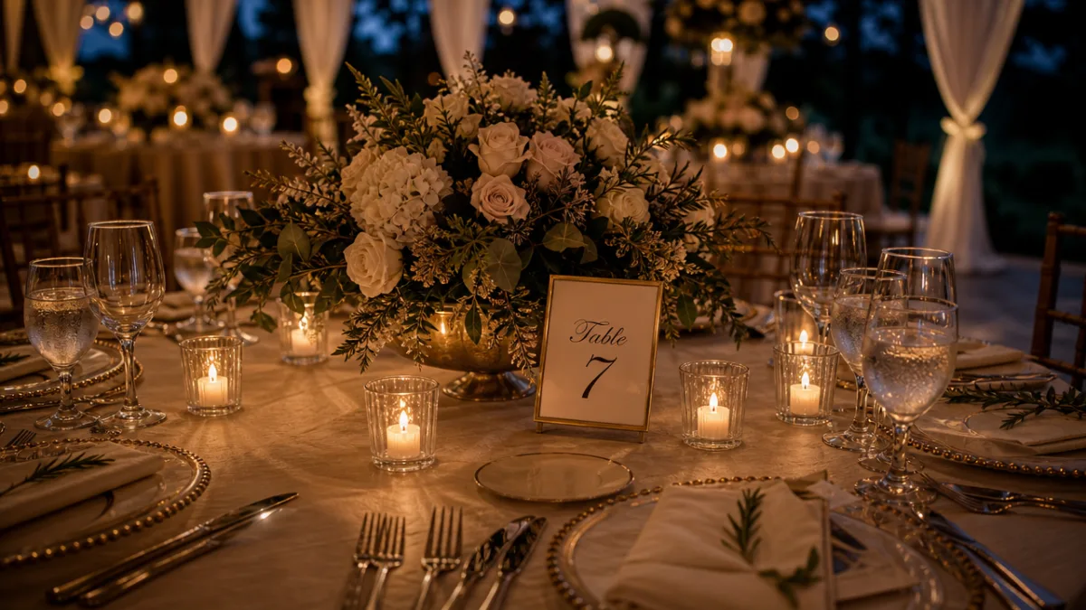 a beautifully set wedding reception table with flameless tea lights in glass…