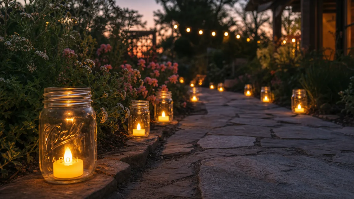 flameless LED tea lights glowing inside mason jars along a garden pathway…