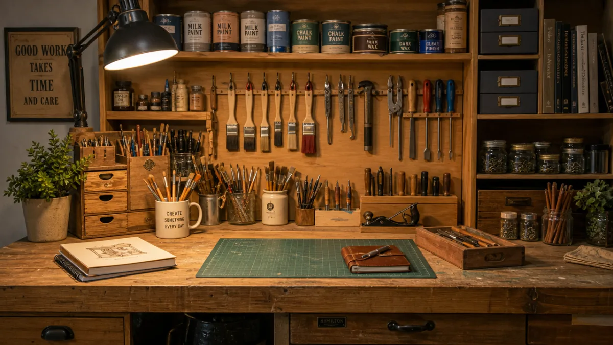 a neatly organized wooden workbench covered with craft tools, paint cans, and…