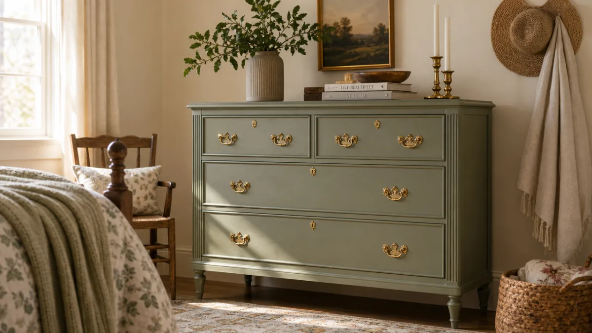 a beautifully refinished vintage dresser in soft sage green with gold hardware…