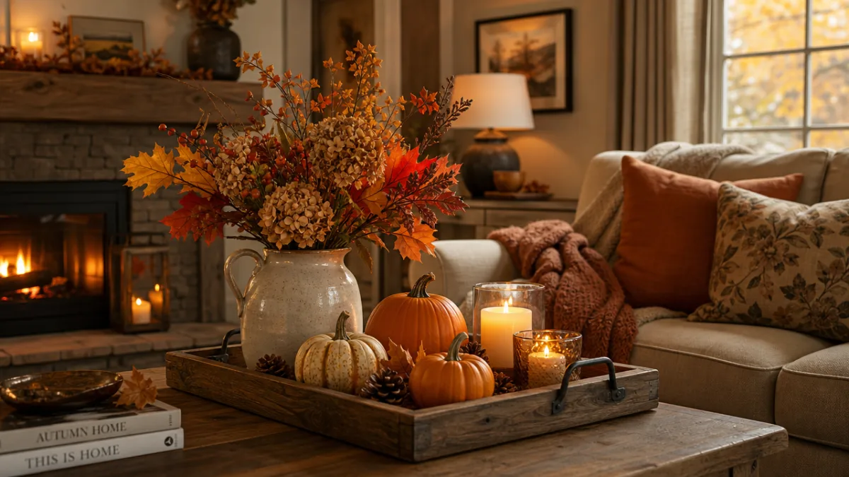 a cozy living room with autumn botanical arrangements, pumpkins on a wooden…