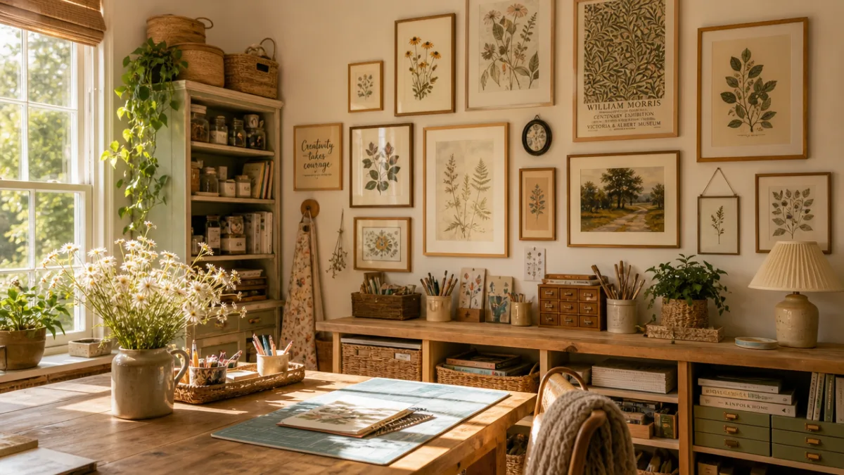 a warm sunlit craft room with curated gallery wall, framed botanical prints,…