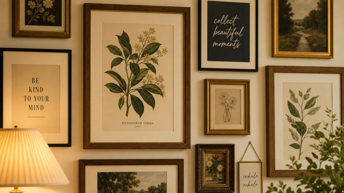 a close-up gallery wall arrangement with mixed frames, botanical and typographic prints,…
