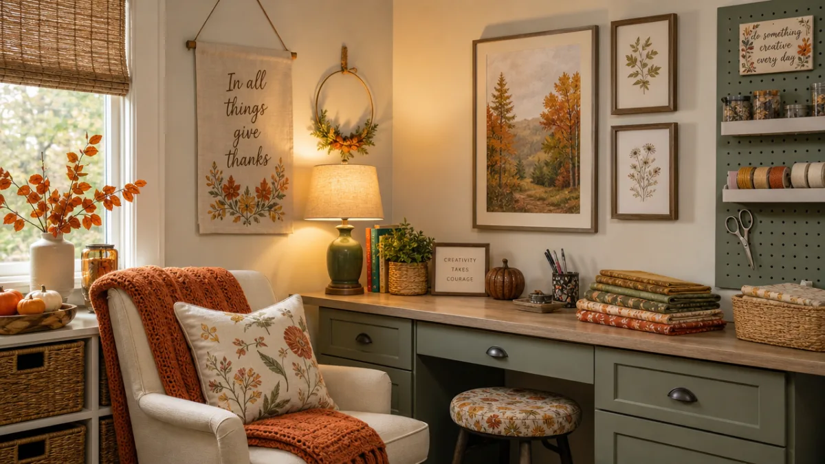 a cozy craft room corner with seasonal wall art refresh, autumn tones,…