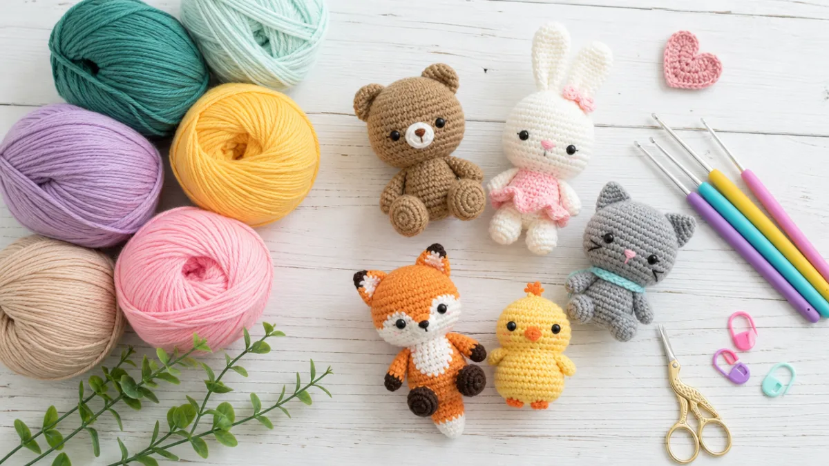 a flat lay of colorful yarn skeins, crochet hooks, and tiny amigurumi…