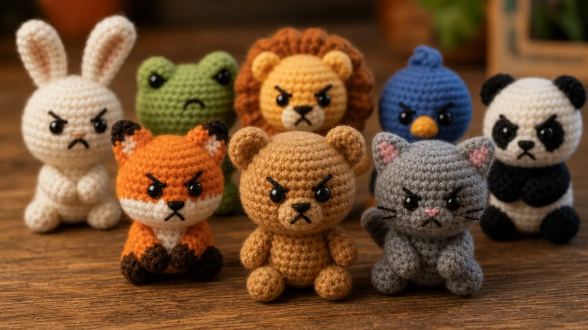 a close-up of tiny crocheted angry animal figures arranged on a wooden…