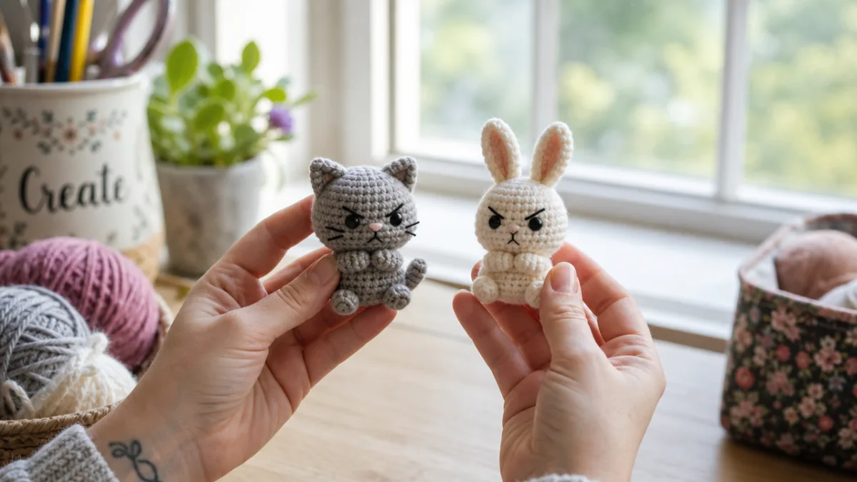 a crafter's hands holding tiny crocheted angry animals near a bright window,…