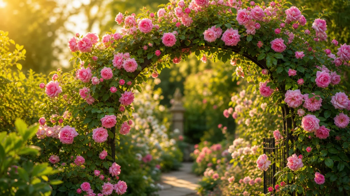 a lush garden arch covered in pink climbing roses under warm golden…