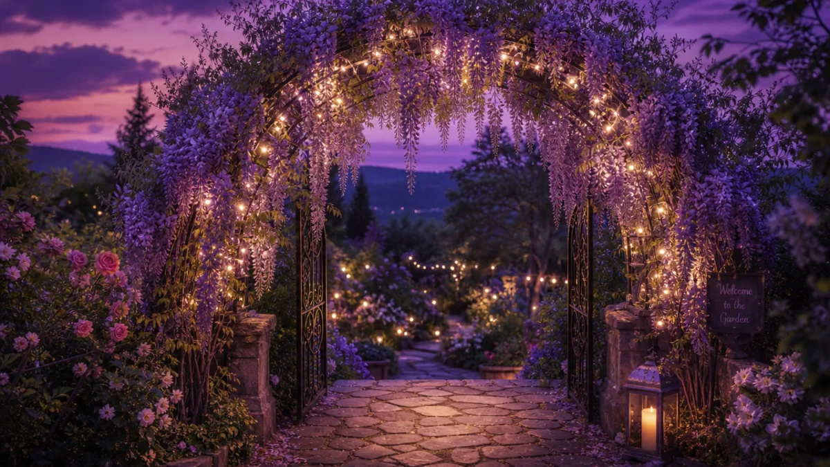 a decorated garden arch with string fairy lights and cascading wisteria at…