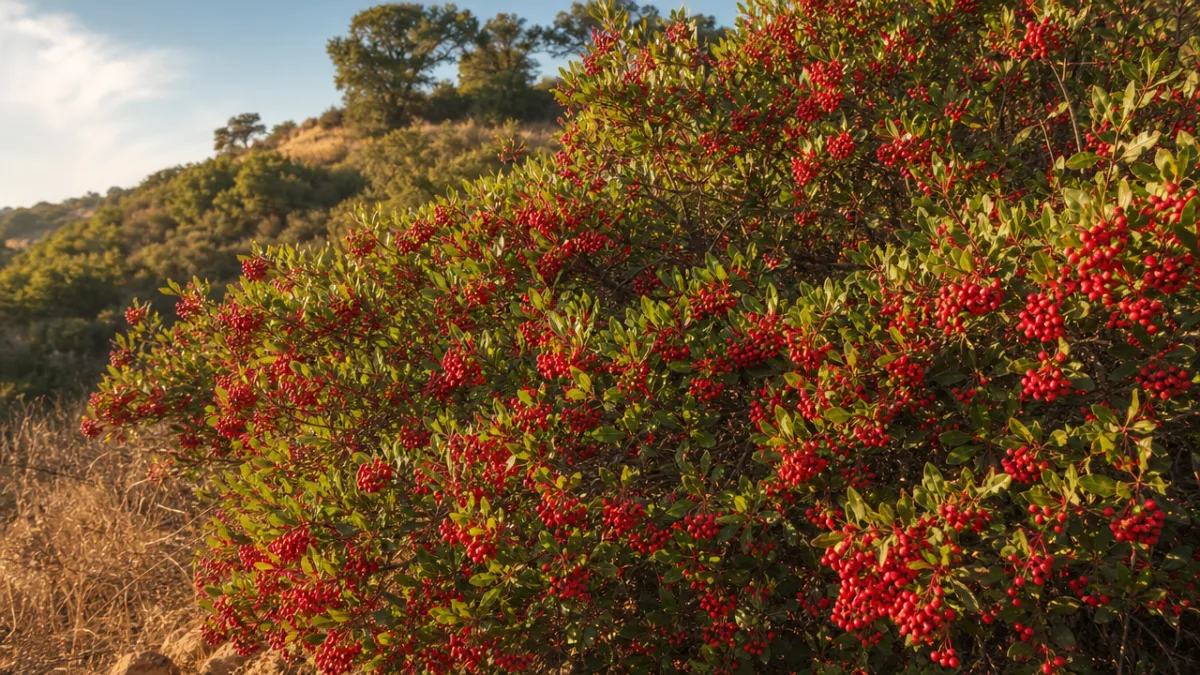a sprawling Toyon shrub covered in clusters of bright red berries on…