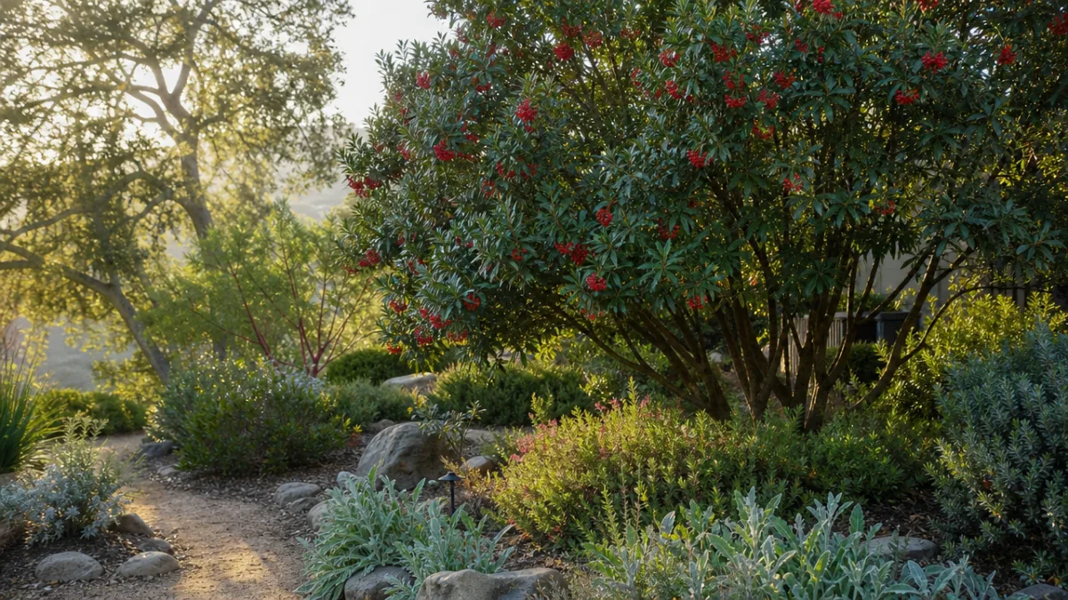 a native California garden featuring a mature Toyon tree alongside drought-tolerant plants,…