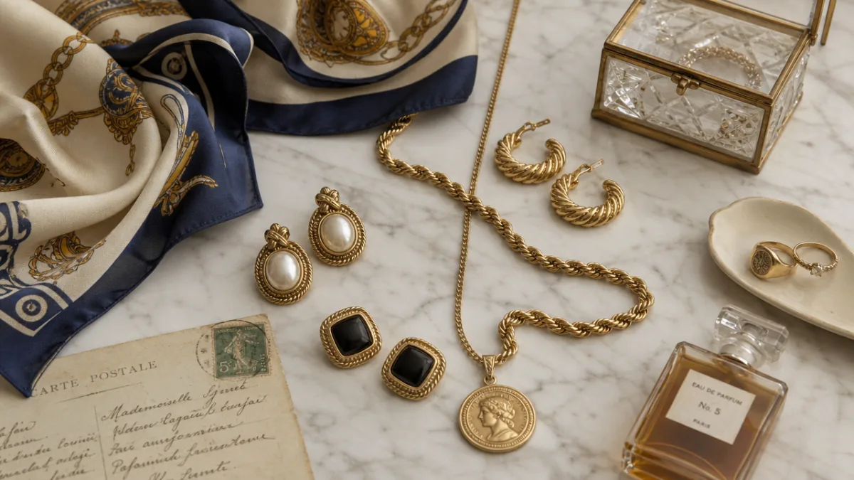a flat lay of vintage-inspired accessories including gold chains, silk scarves, and…