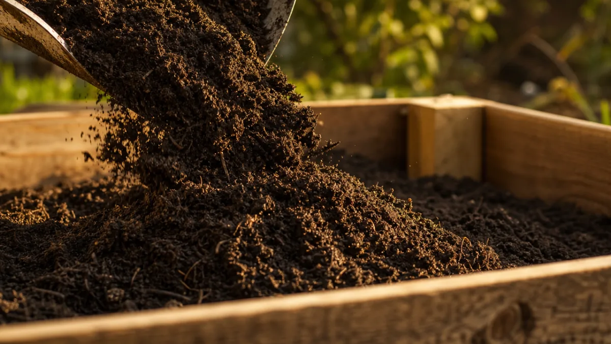 close-up of rich dark garden soil being poured into a raised wooden…