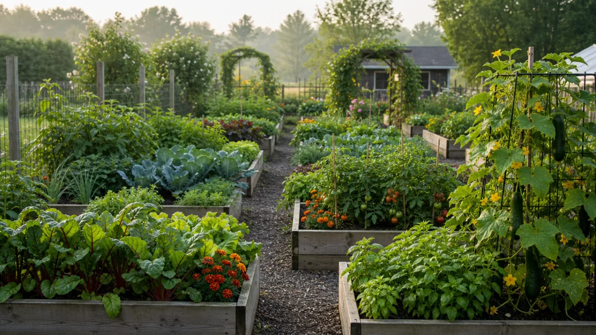 expansive raised garden bed layout with multiple beds arranged in rows, lush…