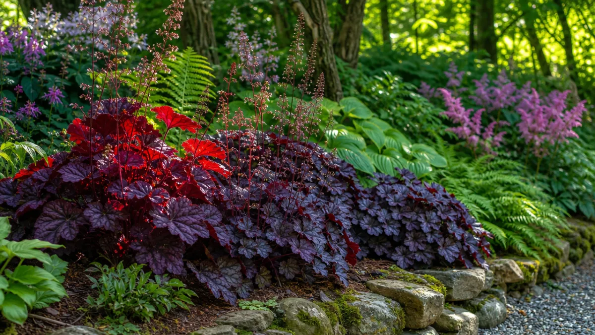 a lush garden border featuring deep burgundy and purple heuchera plants, dappled…