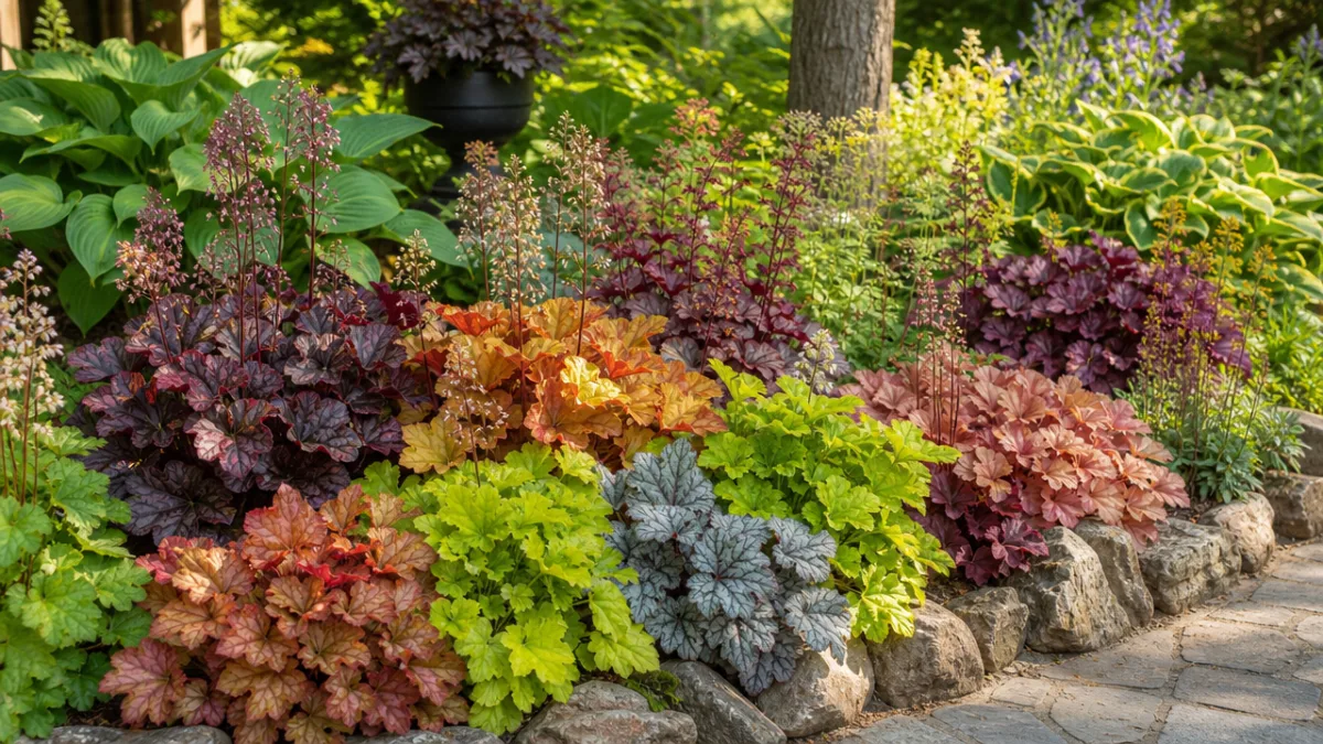 a beautifully arranged garden bed with diverse heuchera varieties in full summer…