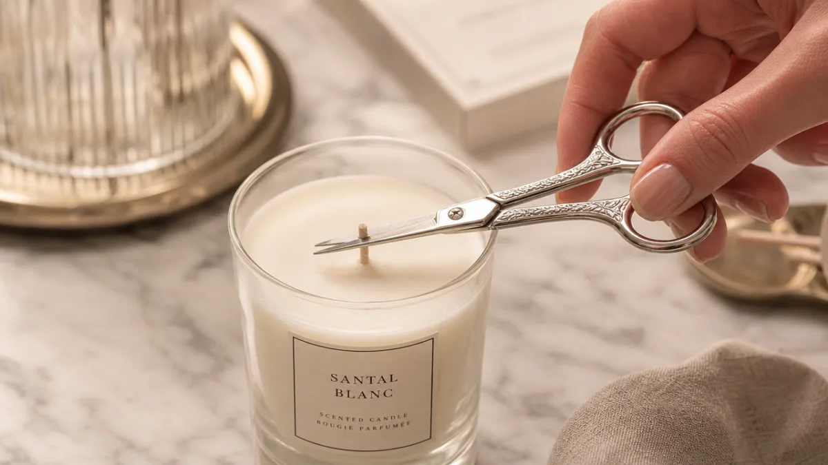 a close-up of a hand trimming a candle wick with elegant silver…