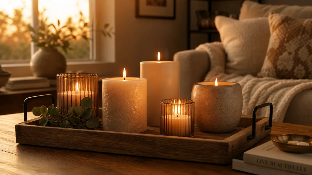 a collection of elegant candles burning on a wooden tray in a…