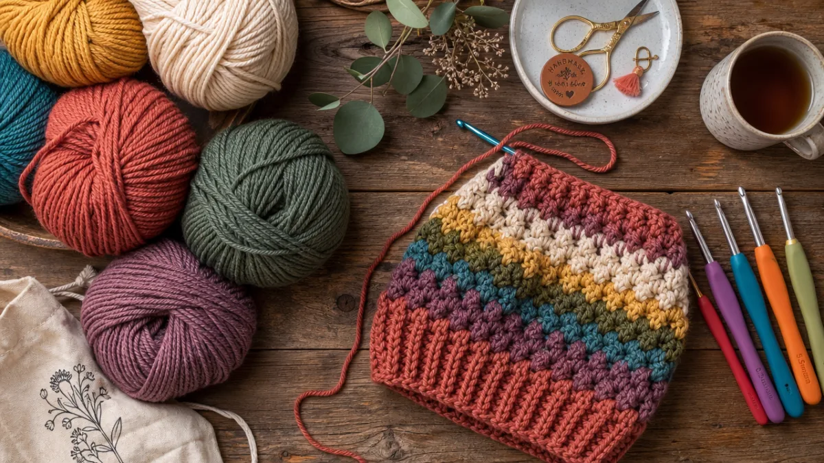 a flat lay of colorful yarn skeins, crochet hooks, and a beanie…