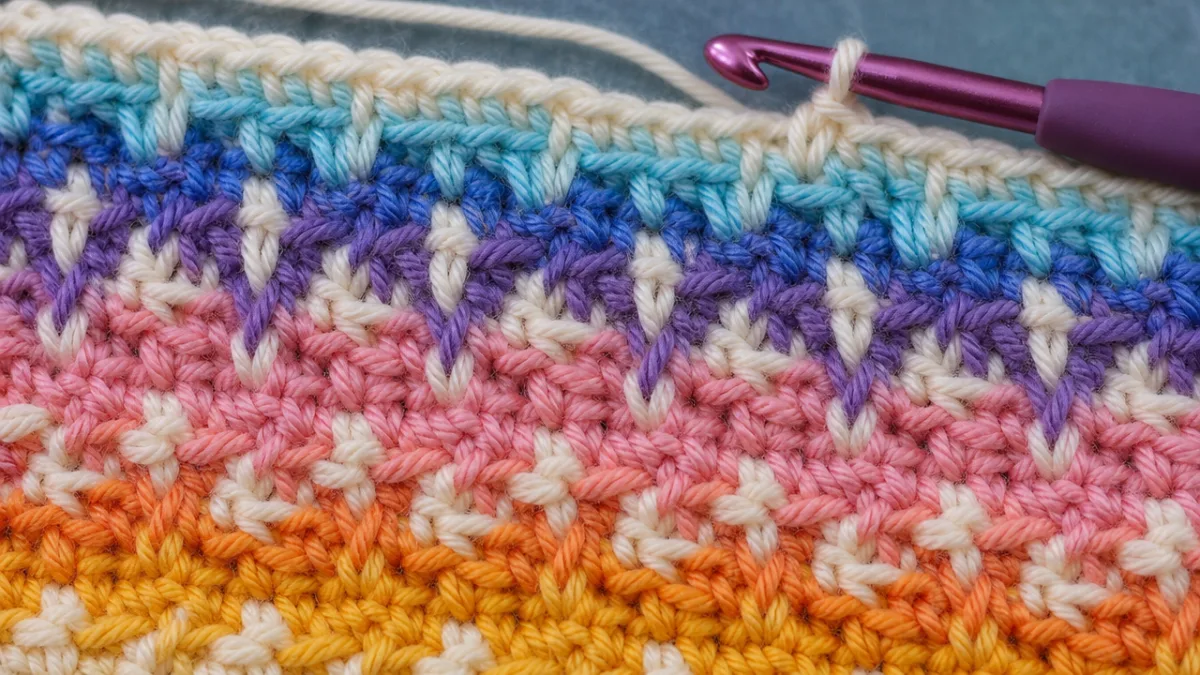 close-up of colorful Fair Isle crochet stitches in progress, ombré yarn transitions…