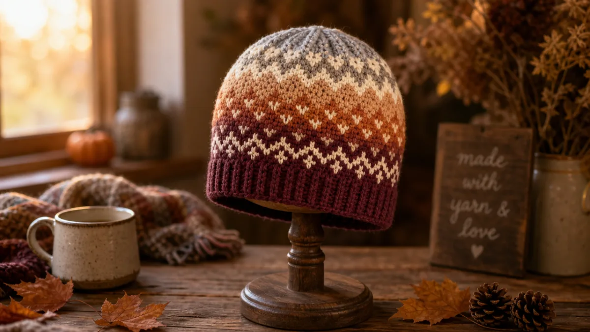 finished ombré Fair Isle crochet beanie displayed on a wooden hat stand,…