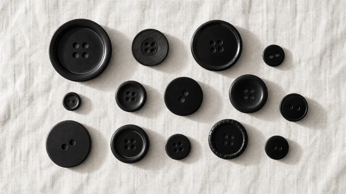 a flat lay arrangement of black buttons in various sizes on white…