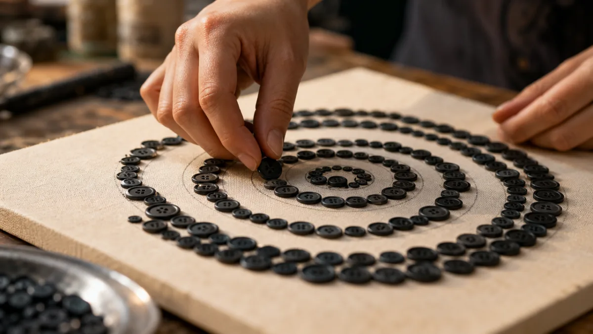 close-up of hands carefully placing black buttons in a spiral pattern on…