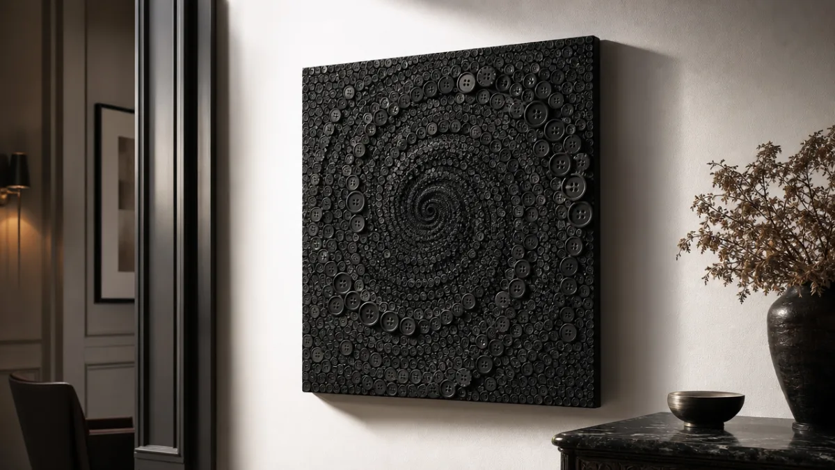 a finished black button spiral artwork mounted on white wall in an…