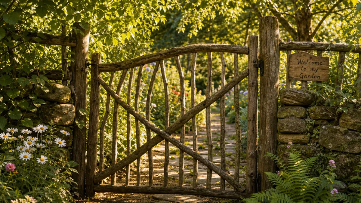 a rustic wooden garden gate made from natural tree branches, dappled afternoon…