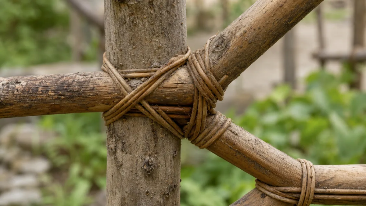 close-up detail of hand-lashed tree branch joints on a garden gate, soft…