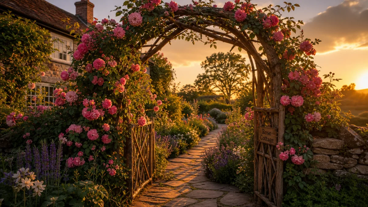 a lush cottage garden path leading through a branch gate framed by…