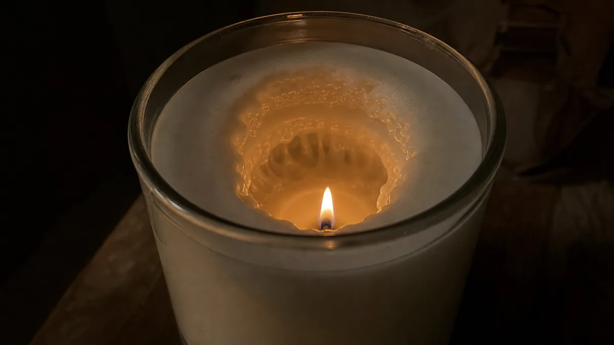 a close-up of a white soy candle with deep tunneling in a…