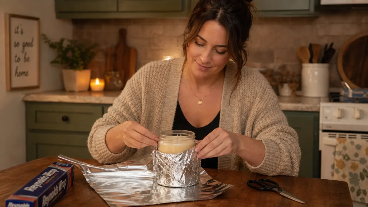 a woman carefully wrapping aluminum foil around a glass jar candle on…