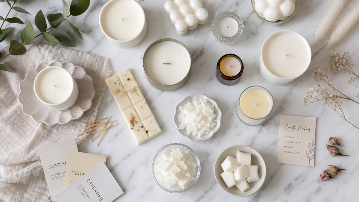 an overhead flat lay of various candle types and wax samples on…