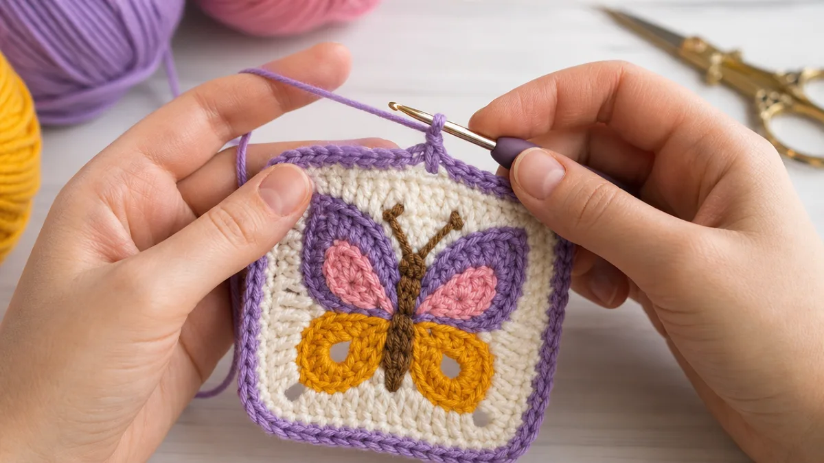 close-up of hands crocheting a colorful butterfly motif square with yarn and…
