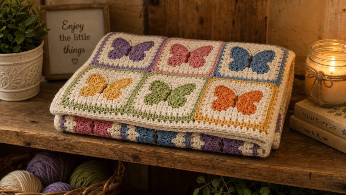 a neatly folded crochet blanket featuring colorful butterfly squares displayed on a…