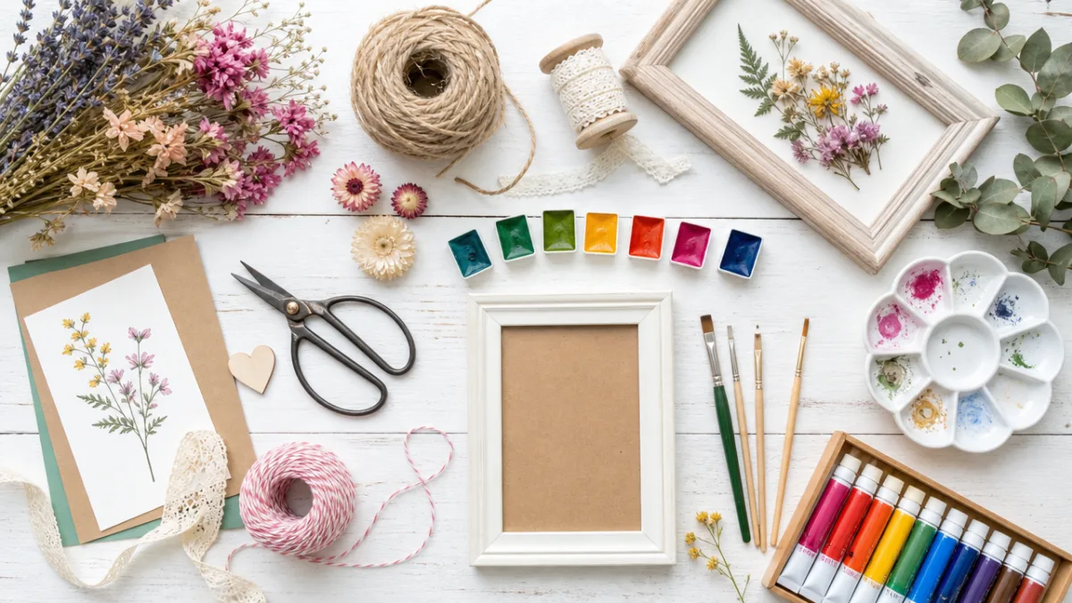 a flat lay of colorful craft supplies including twine, dried flowers, paint,…